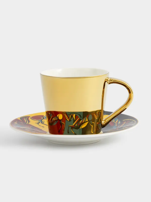 Tea pair, 1 person, 2 items, 300 ml, porcelain P, golden, Horses, Horse art, image-0