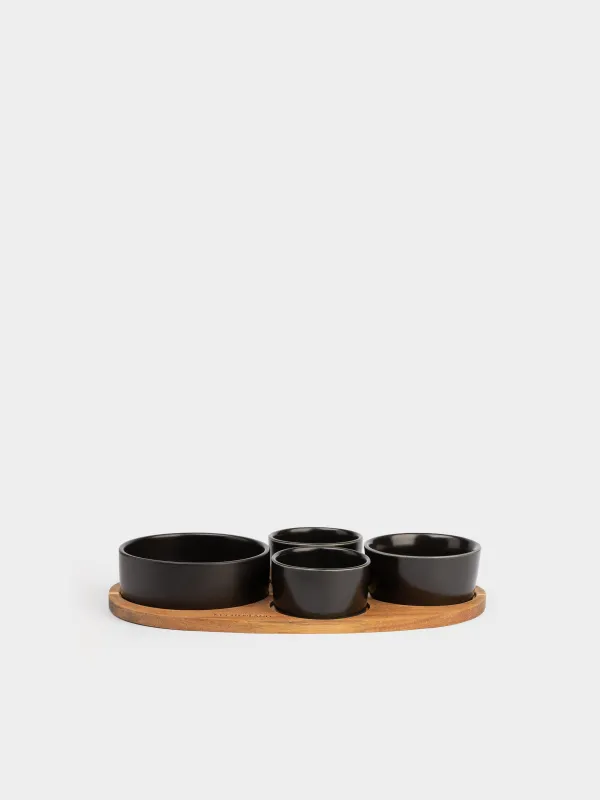 Snack set, 4 pcs, on a stand, ceramic / wood, black, Round bowls, Loft, image-1