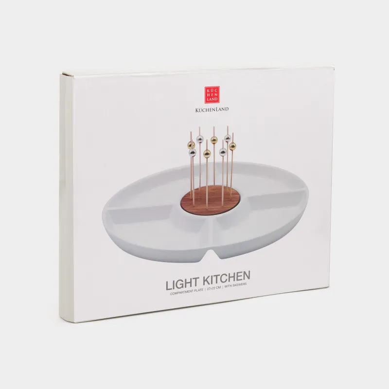 Divided plate, 27x22 cm, 4 compartments, with skewers, porcelain / bamboo, white, Light kitchen, image-4