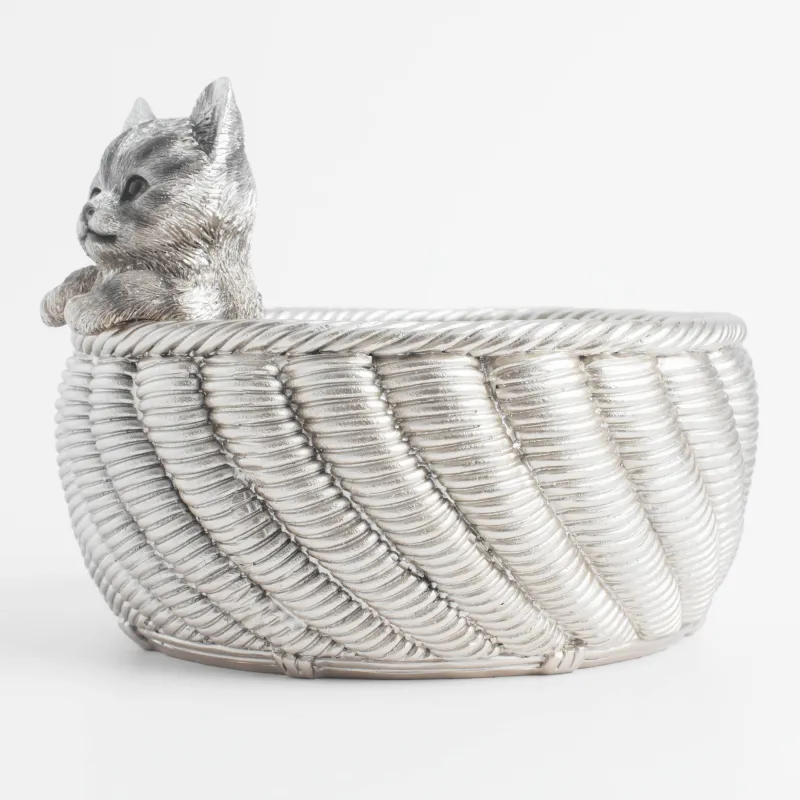 Decorative vase, 16x12 cm, polyresin, golden, Kitten in a basket, Cat, image-1