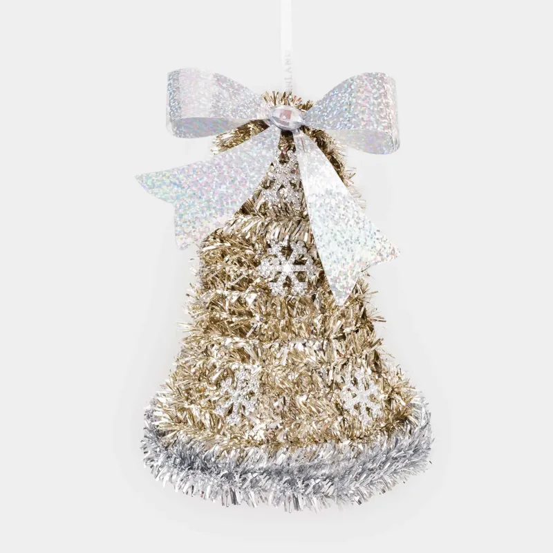 Christmas tree toy, 14 cm, tinsel/plastic, golden, Bell with bow, Tinsel christmas