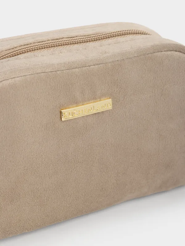 Makeup bag, 18x12 cm, with brush, velvet, brown, Velvety, image-1