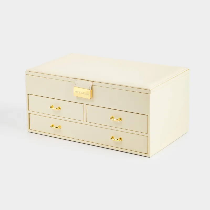 Jewelry box, 26x15 cm, with mirror, wood/PU leather, ecru, Premiere