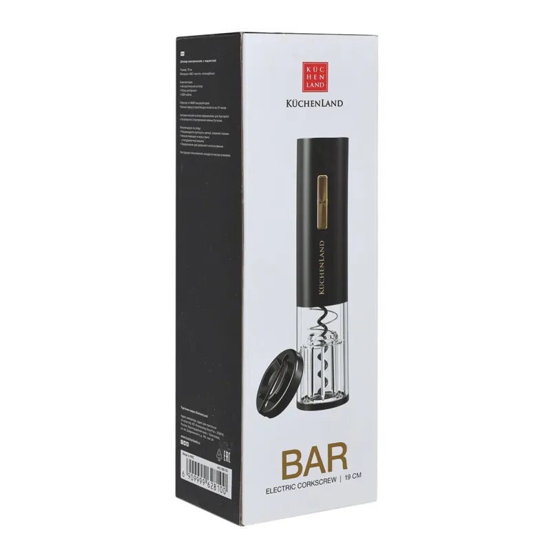 Electric corkscrew, 19 cm, with foil cutter, plastic, LED B, Black, Bar, image-1