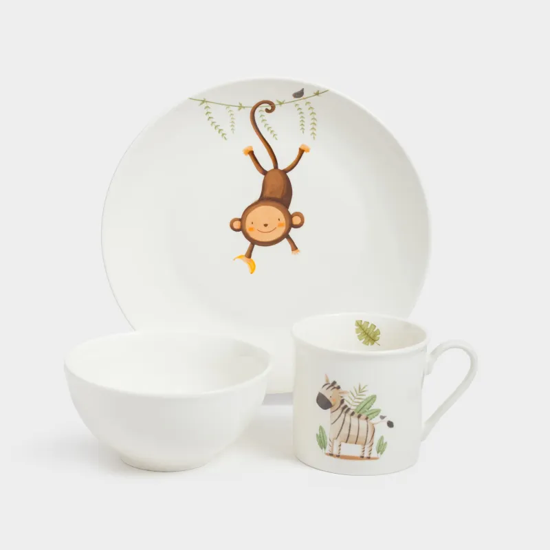 Children's tableware set, 1 person, 3 items, porcelain N, white, Safari, Jungle