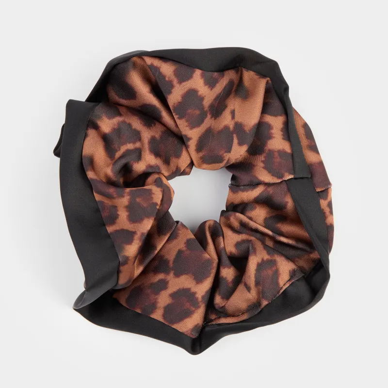 Hair tie, 14 cm, satin, beige-black, Silk