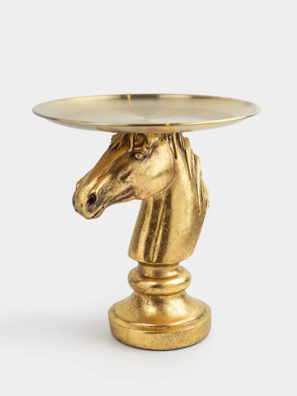 Decorative dish, 27x19 cm, on a leg, steel / polyresin, golden, Horse, Horse gold, image-0