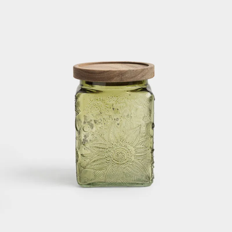 Bulk products jar, 750 ml, glass R / wood, green, Flowers, Bloome wood