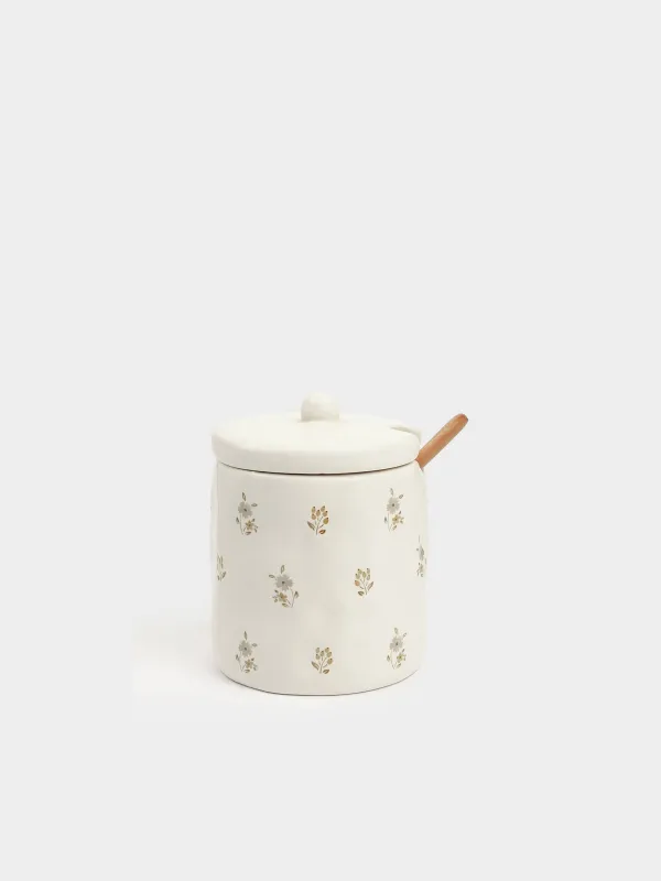 Sugar bowl, 11 cm, 370 ml, with spoon, ceramic / wood, milk, Vintage flowers, La flore, image-0