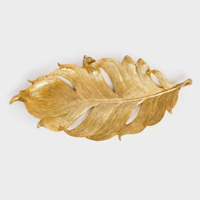 Decorative dish, 32x14 cm, polyresin, golden, Feather, Feather, image-2