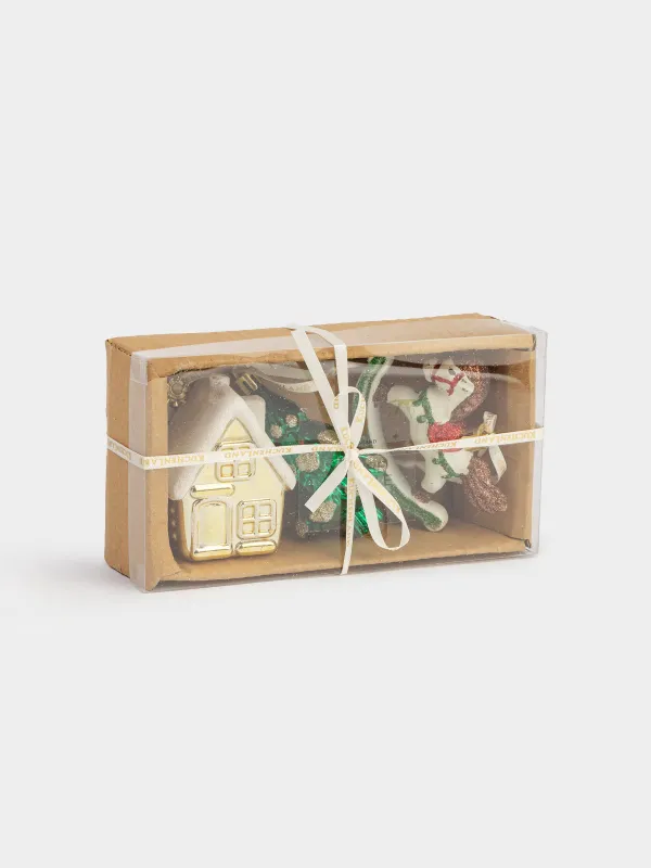 Christmas tree toy set, 8 cm, 3 pcs, plastic, green/red, Christmas attributes, Figure sparkle, image-4