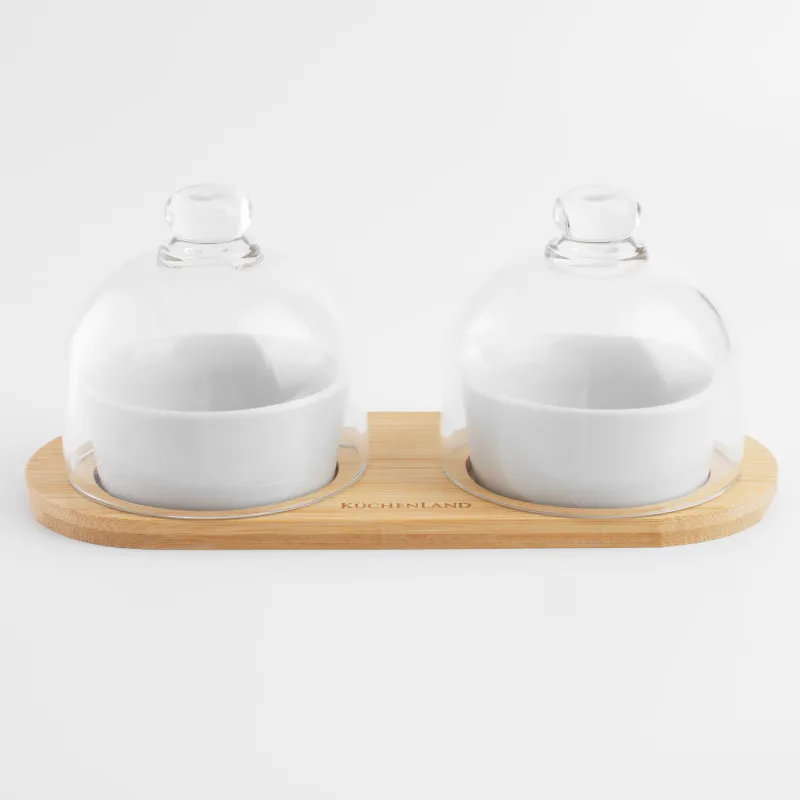 Snack set, 4 items, on a stand, ceramic / bamboo, white, Bowls with lid, Bamboo, image-1