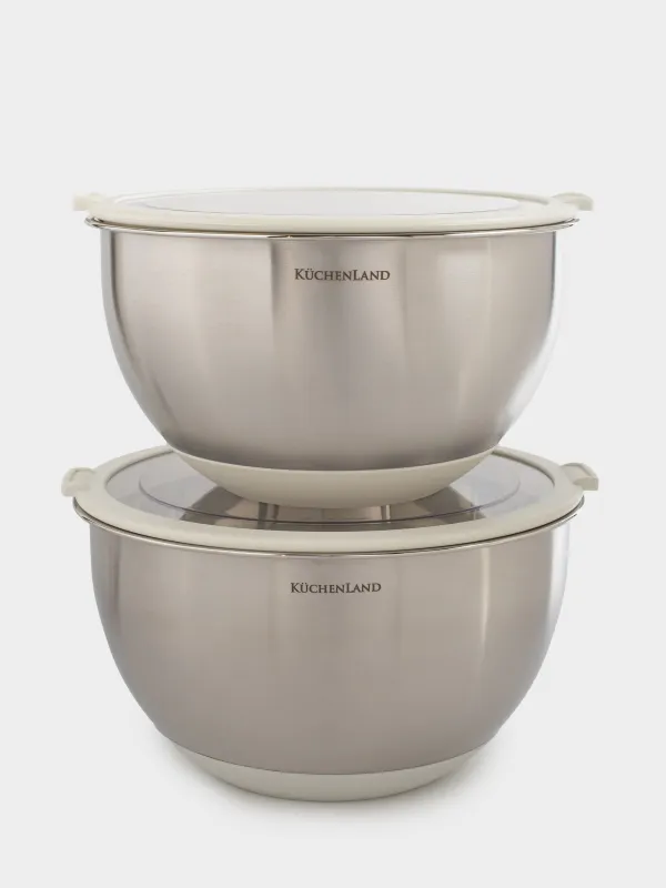 Bowl, 3/4, 5 l, 2 pcs, with lid, anti-slip bottom, steel / plastic, beige, Terra new, image-0