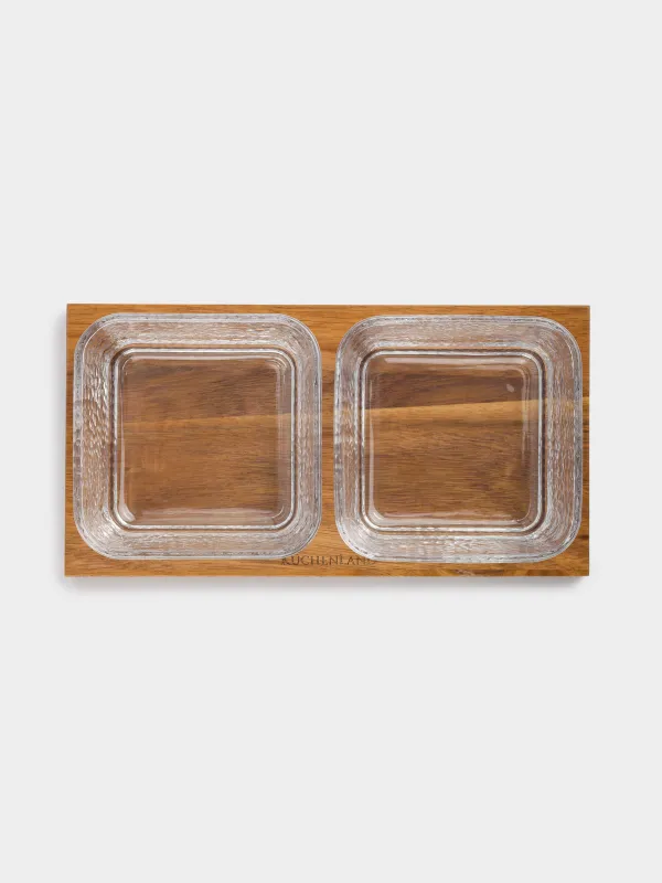 Snack set, 2 pcs, on stand, glass/wood, Squares, Noble tree, image-2