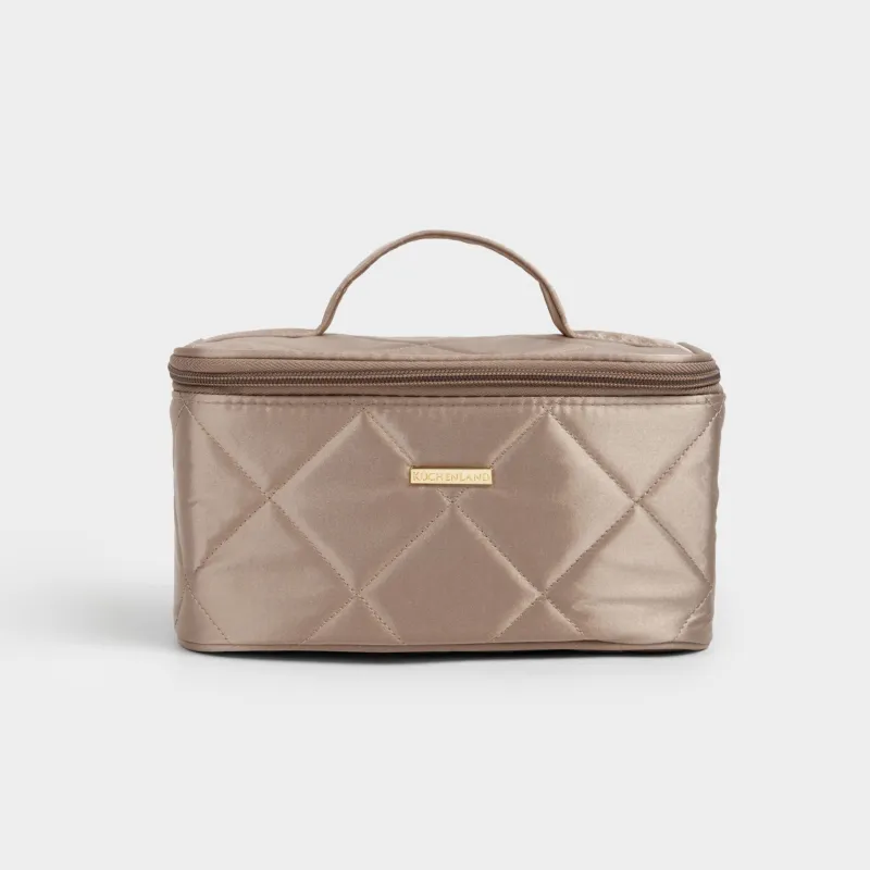 Makeup bag, 23x13 cm, quilted, with handle, satin, beige, Quilted silk