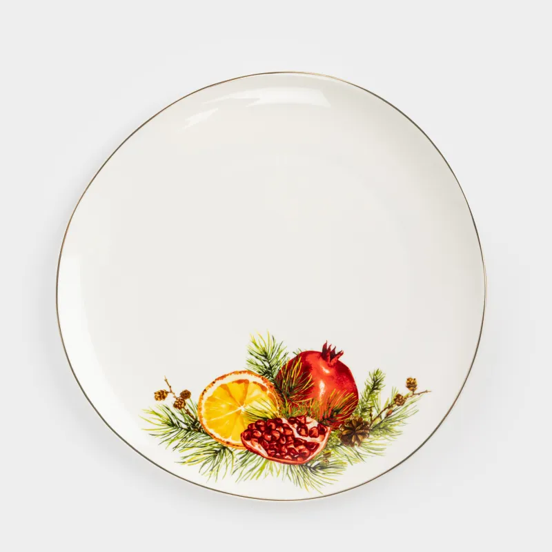 Dinner plate, 28 cm, porcelain N, white, with golden edging, Pomegranates and orange, Christmas miracle