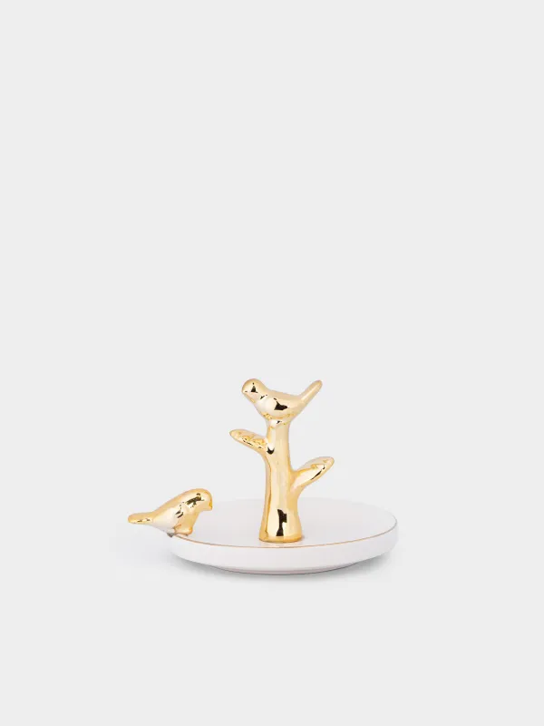 Jewelry holder, 13 cm, ceramic, white and gold, Birds on a branch, Paradise garden, image-0