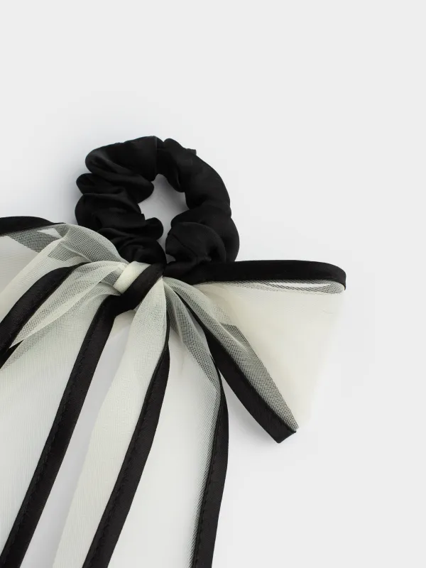 Elastic band for hair, 29 cm, with bow, polyester, beige-black, Hairstyle, image-1