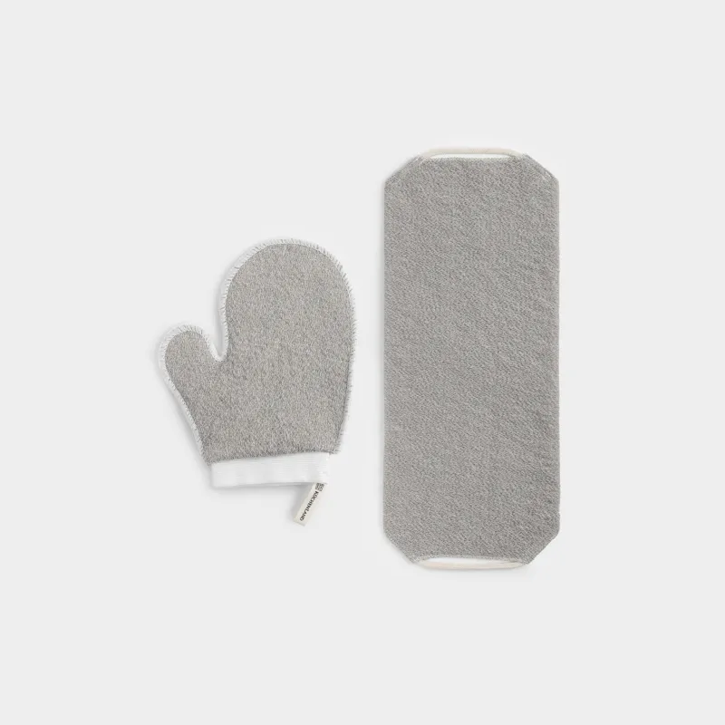 Shower set, 2 items, washcloth-tape/wash-mitt, nylon / cotton, grey, Unique spa