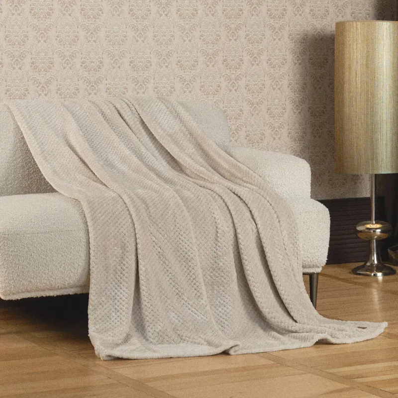 Plaid, 140x190 cm, flannel, beige, Grid, Flannel