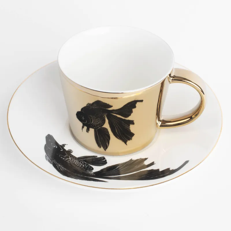 Tea pair, 1 pers, 2 items, 230 ml, porcelain P, white and golden, Fish, Goldfish