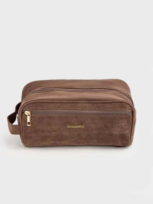Makeup bag, 27x13 cm, with handle, faux suede, brown, Beauty suede, image-1