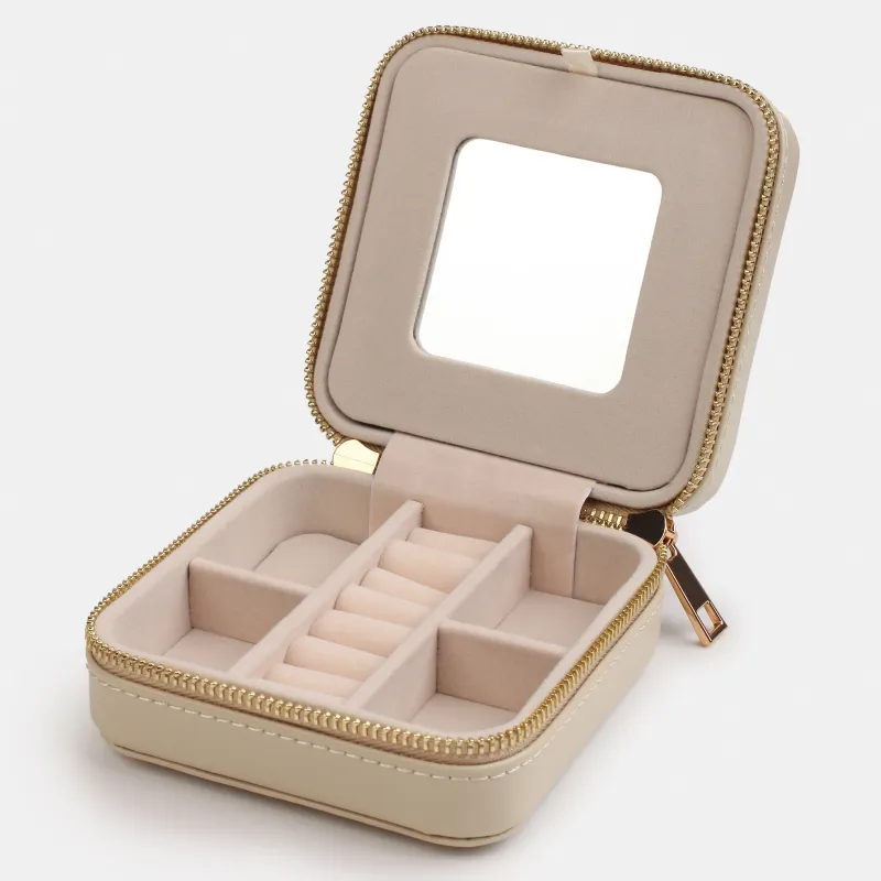 Jewelry box, 12x12 cm, with mirror, PU leather / MDF, beige, Premiere small, image-3
