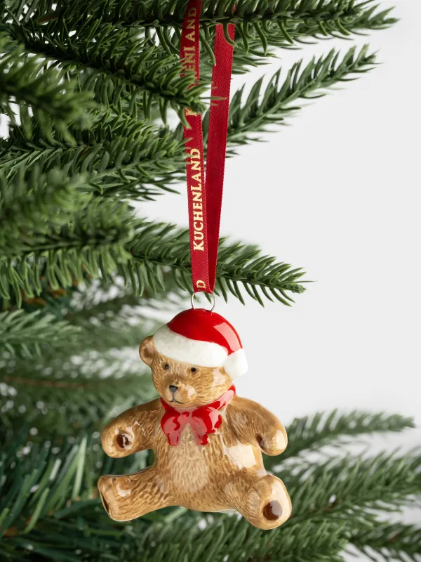 Christmas tree toy, 6 cm, ceramic, milky, Bear with bow, Figure christmas, image-2
