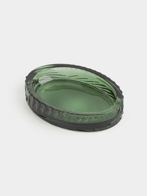 Soap dish, 14x10 cm, glass, rectangular, green, Tropical leaves, image-2