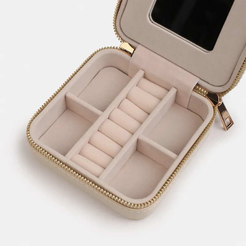 Jewelry box, 12x12 cm, with mirror, PU leather / MDF, beige, Premiere small, image-6