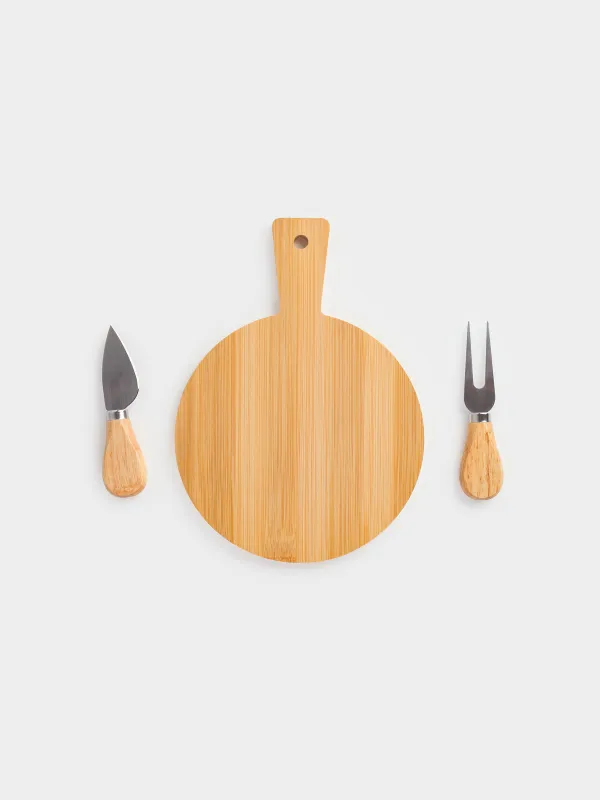 Cheese set, 3 items, dish board with handle, bamboo / steel, round, Cheese, bamboo, image-4