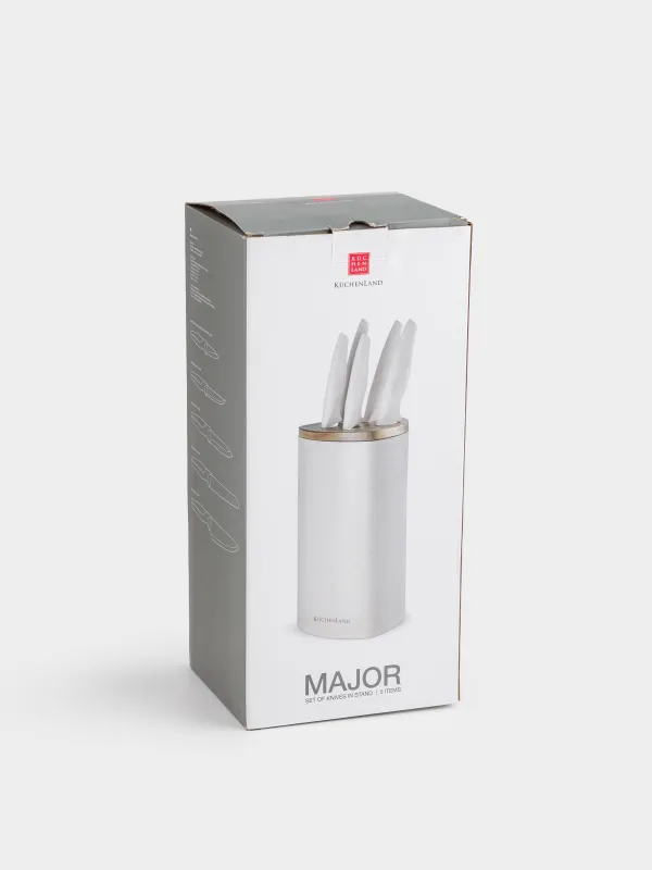 Knife set, 5 items, in stand, steel / plastic / wood, Cream, Major, image-7