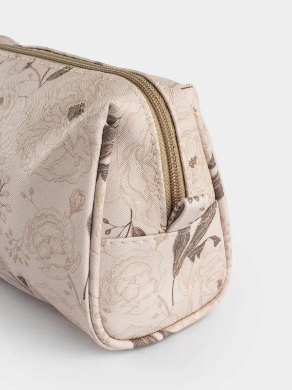 Cosmetic bag, 21x13 cm, polyurethane, beige, Brown flowers, Brown flowers, image-4