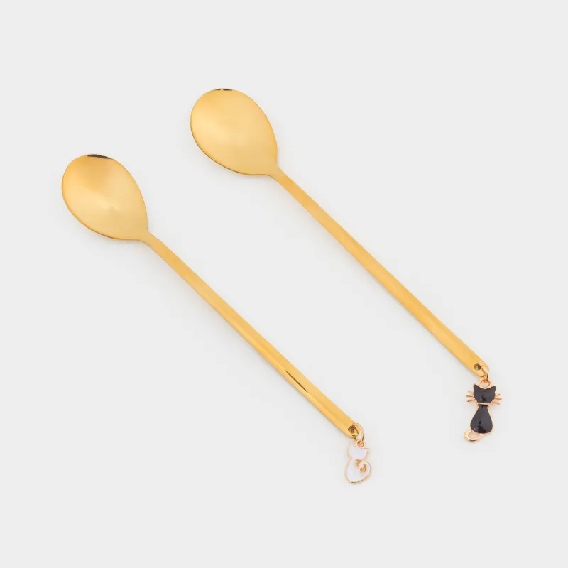 Dessert spoon, 14 cm, 2 pcs, steel, golden, Cats, Cat