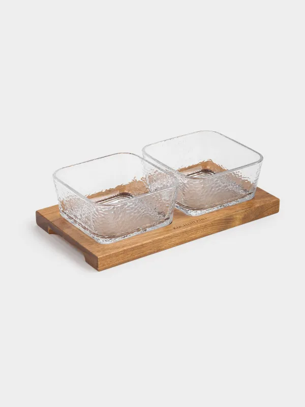 Snack set, 2 pcs, on stand, glass/wood, Squares, Noble tree, image-0