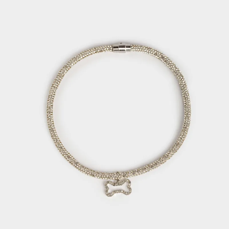Pet collar, 40 cm, decorative, metal / rhinestones, silver, Bone, Crystal pet
