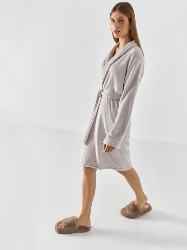 Women's robe, homewear, size S/M, with long sleeves, polyester, grey, Drew, image-4