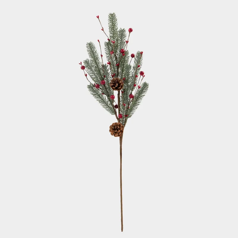 Decorative branch, 80 cm, plastic / foam, Red berries and needles, Red berry