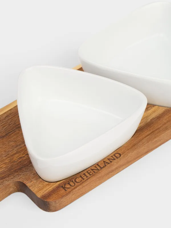 Snack set, 3 items, on a stand, ceramic / wood, white, Triangles, Noble tree, image-1