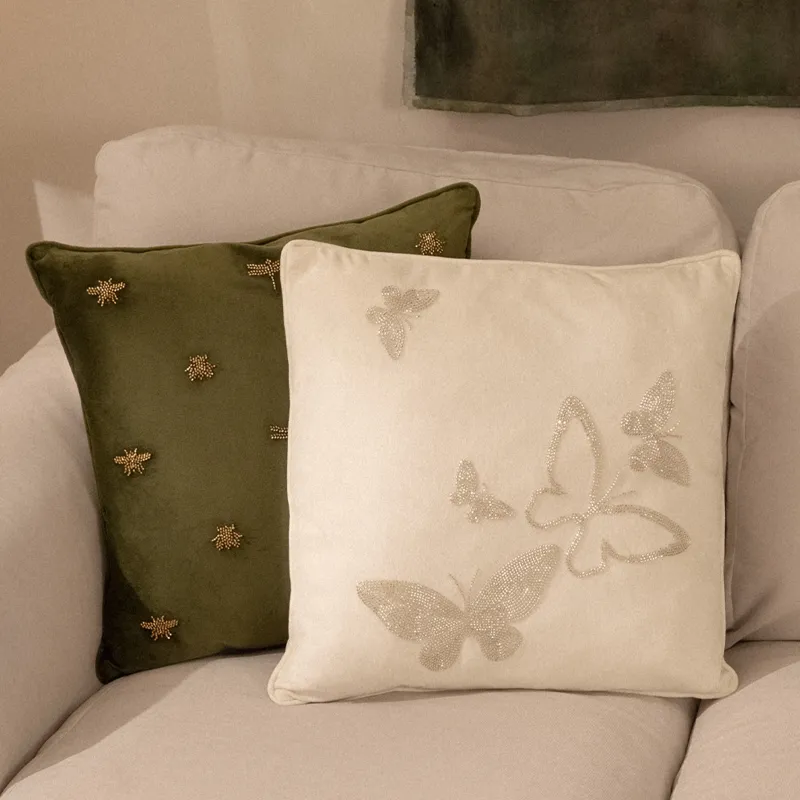 Decorative pillow, 45x45 cm, corduroy / beads, milky, Butterflies, Bugs