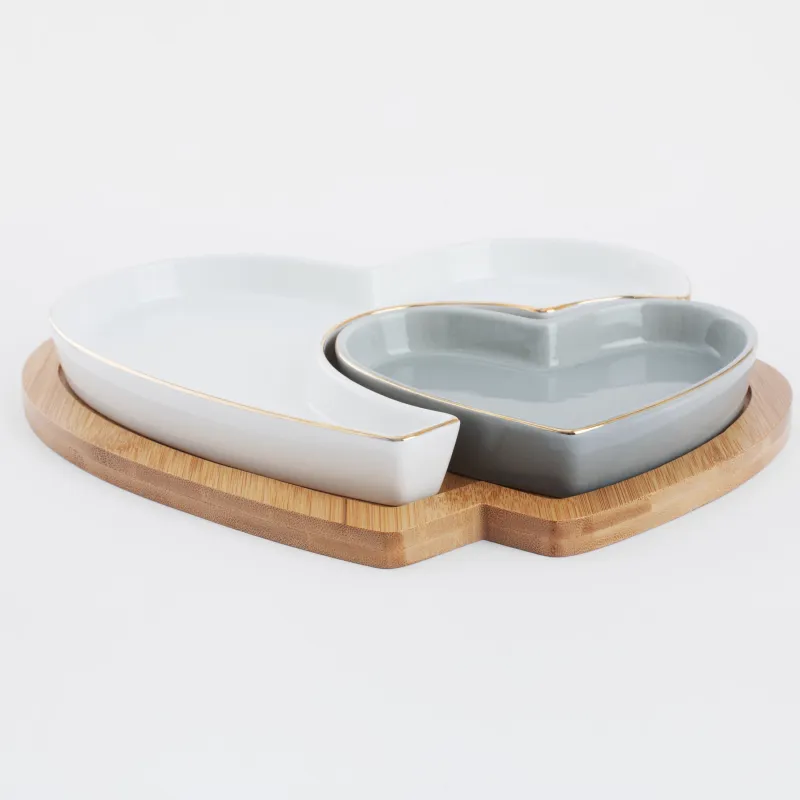 Snack set, 26x22 cm, 2 compartments, collapsible, on a stand, porcelain P / bamboo, white / grey, Heart, image-2