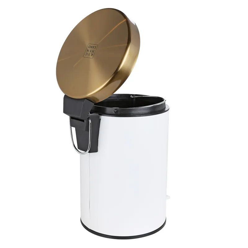 Trash can, 3 L, with pedal, metal, white and gold, Freya, image-1