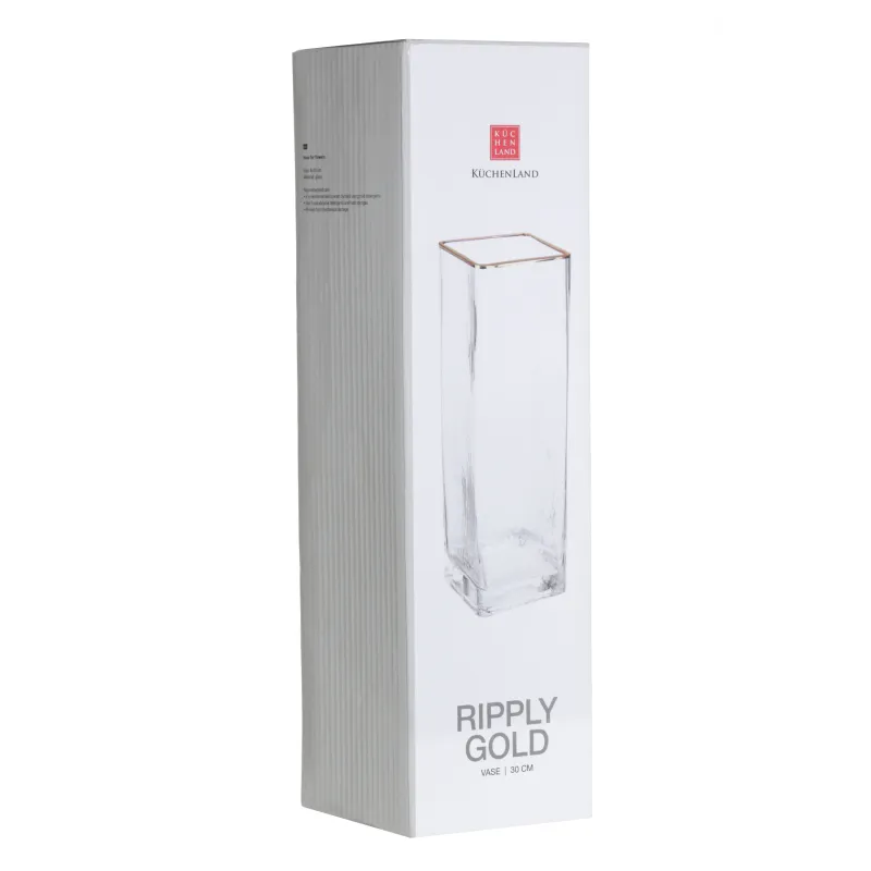 Flower vase, 30 cm, glass, rectangular, with golden edging, Ripply Gold, image-1
