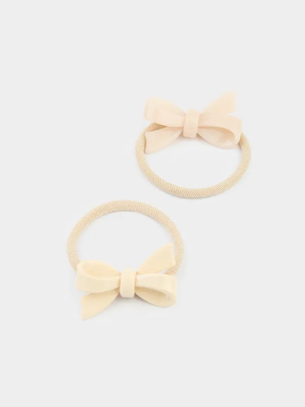 Hair tie set, 6 cm, 2 pcs, for children, acrylic / polyester, pink / milk, Bow, Gracile, image-2