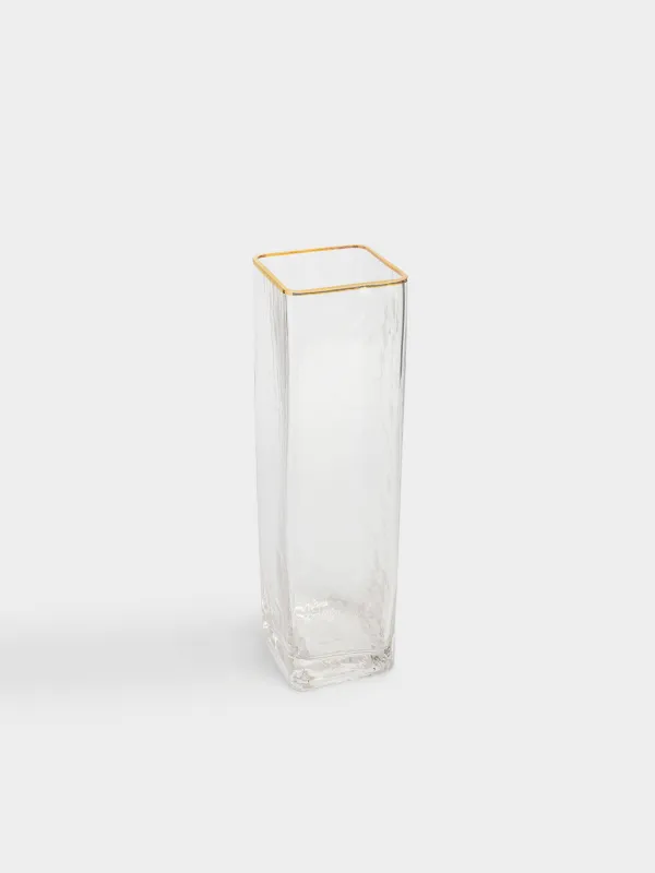 Flower vase, 30 cm, glass, rectangular, with golden edging, Ripply Gold, image-1