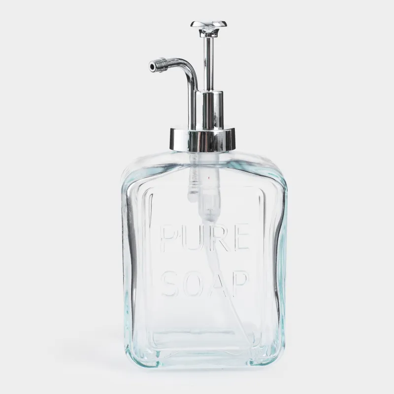 Liquid soap dispenser, 550 ml, glass / plastic, silver, Pure soap, Clear title