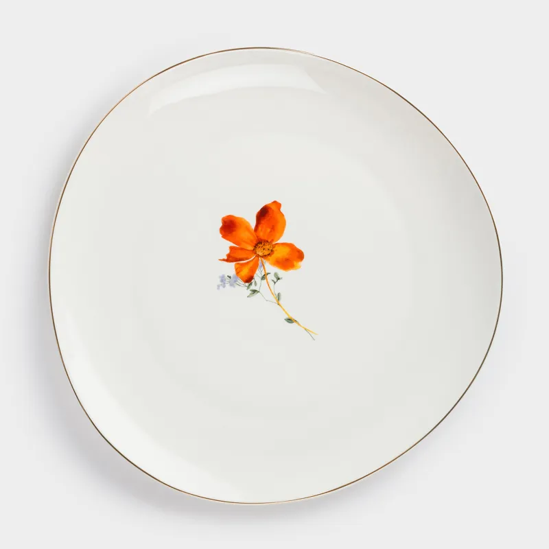 Dinner plate, 28 cm, porcelain N, white, with golden edging, wildflowers, Yarrow