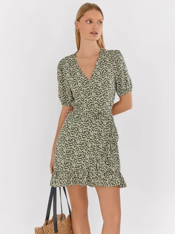 Women's wrap dress, mini, size S, with short sleeves, viscose, blue, Flowers, Marcia, image-0