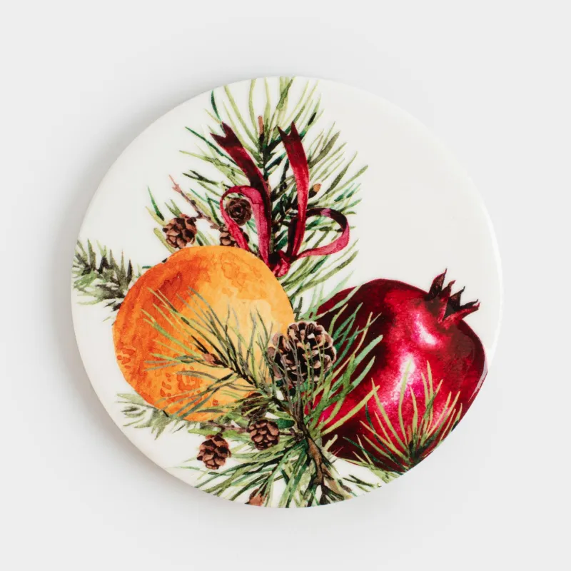Coaster, 11 cm, round, ceramic / cork, milky, Pomegranates and oranges, Christmas miracle