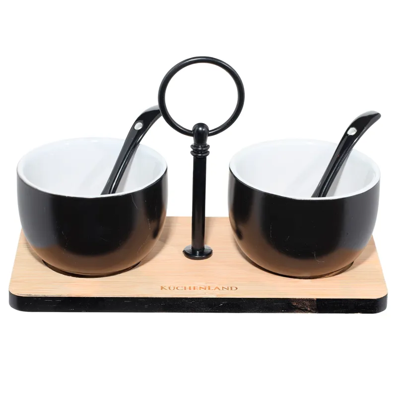 Jam/sugar bowl, 120 ml, 2 pcs, with spoon/stand, ceramic / bamboo, black, Loft